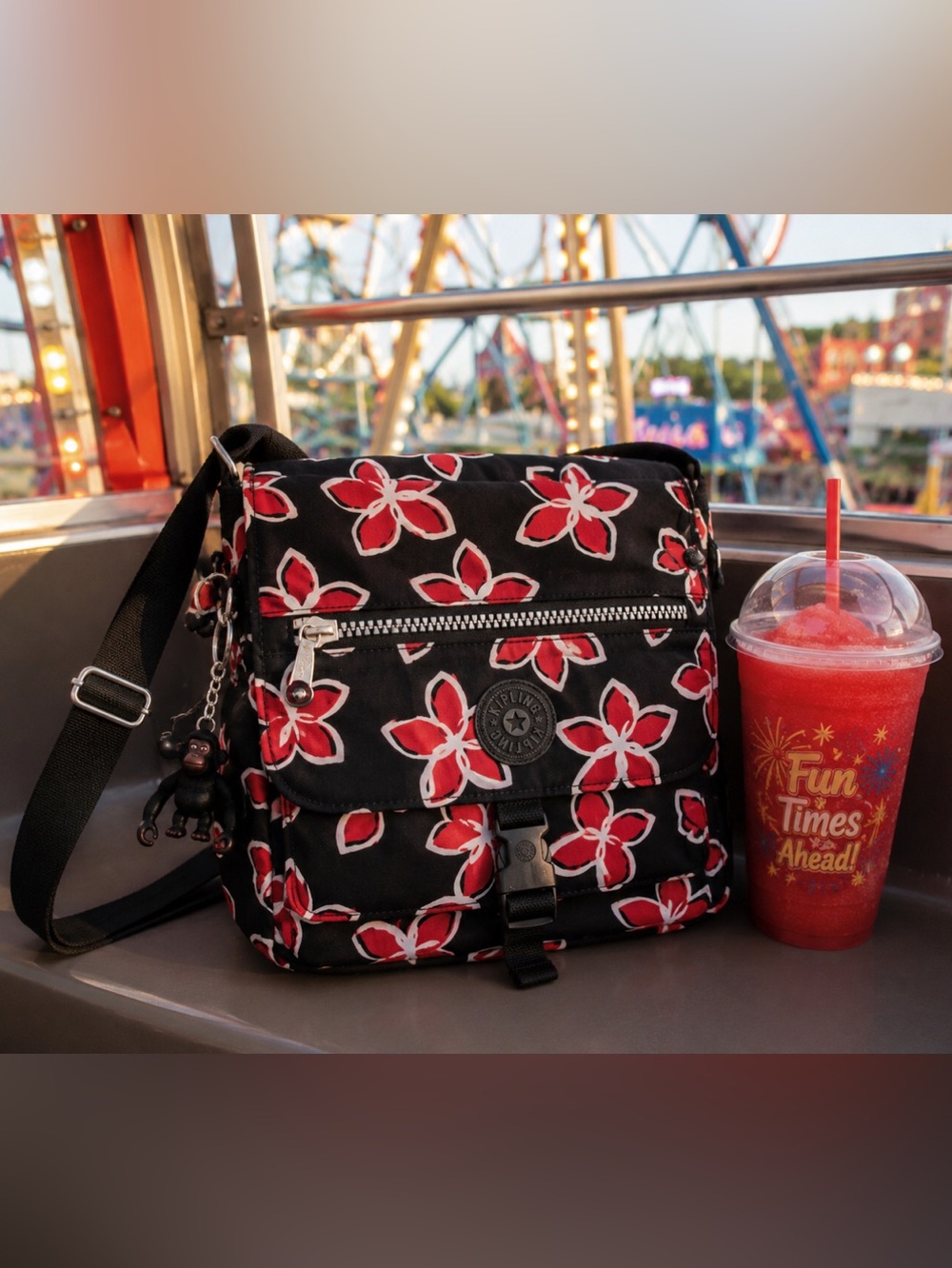 Kipling Morrissey Floral Crossbody Bag – Red & Black Print w/ Monkey Charm